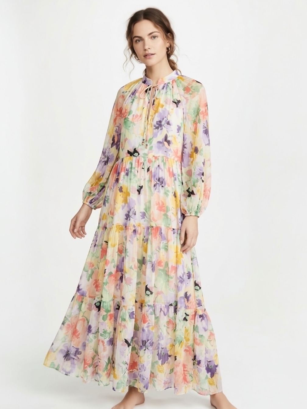 La Fuori Eden Silk Chiffon Tiered Floral Maxi Dress Size Large Floral